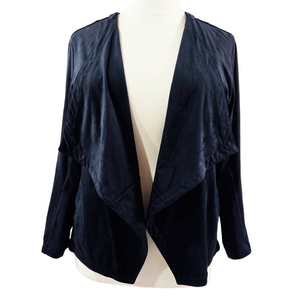 J. Jill Navy Blue Faux Suede Open Drape Front Jacket Pockets Neutral Minimalist